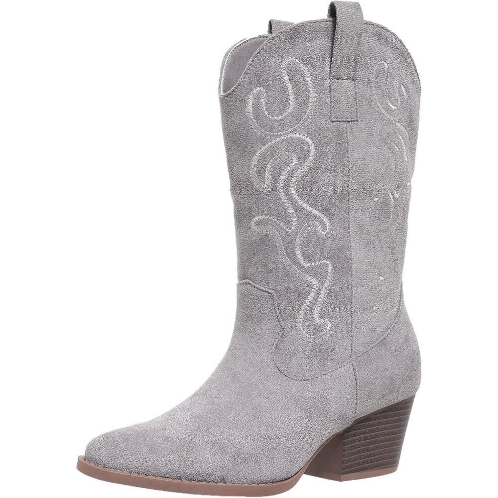 Women Grey Suede Mid Calf Chunky Block Heel Western Embroidered Fashion Boot